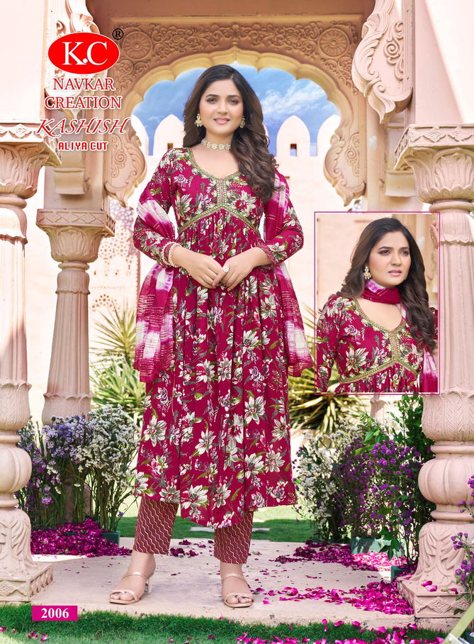 Kashish By Navkar Alia Cut Rayon Printed Kurti With Bottom Dupatta Wholesale Shop In Surat